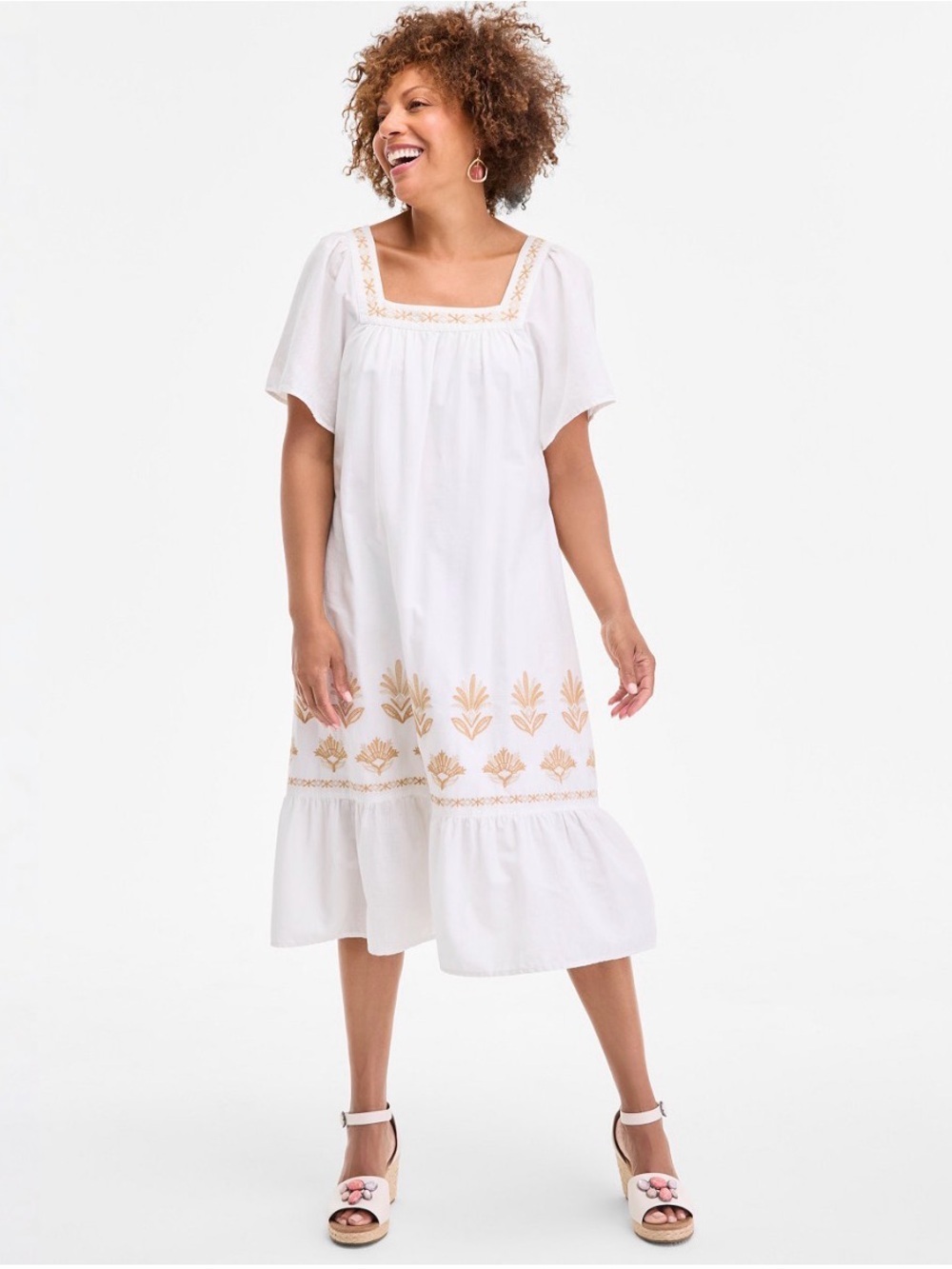 Style&Co Cotton Gauze Embroidered Trim Lined Midi Dress  - S